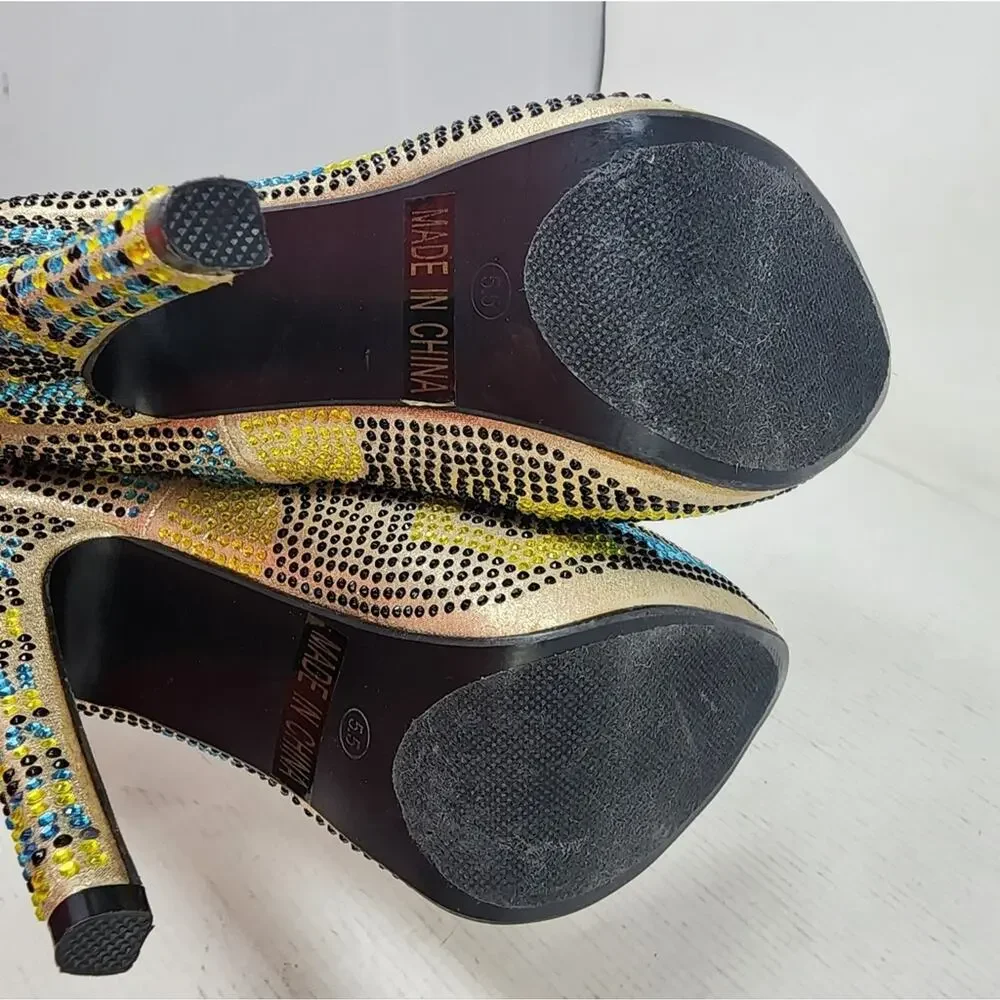 Machi Estina Rhinestine Stilettos Platform Heels Yellow‎ Black Blue Party Sz 5.5